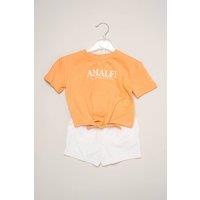 Miss Girl's Amalfi Coast Printed Tee & Linen Shorts in Orange | Size: 3 Years