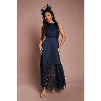 Coast Women's Petite Lace Hem Structured Satin Maxi Dress in Navy | Size: 4