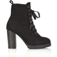 XY London Women's 'Ariel' Lace up High Block Heel Zip-up Biker Ankle Boots in Jet Black | Size: 8