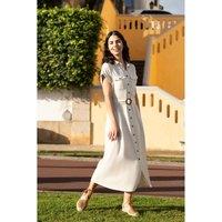 Yumi Women's Viscose Linen Look Midi Shirt Dress With Wooden Belt in Natural | Size: 12