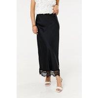 Liquorish Women's Black Lace Trim Satin Maxi Skirt