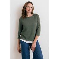 Lily & Me Women's Olive Textured Cotton Relaxed Fit Shirt Jumper with 3/4 Sleeves in Pale Green | Size: 18
