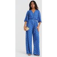 Needs No Label Women's Blue Foil Angel Sleeve Jumpsuit | Size: 12