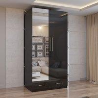 MN Furniture High Gloss 2 Door Hinged Wardrobe with Mirror & Drawers 90cm in Black