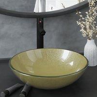 Berkfield Home Bathroom Sink with Tap & Push Drain Gold Tempered Glass