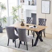 HomeTouch Weston 5 Pieces Live Edge Oak Dining Table Set with 4 Velvet Upholstered Dining Chairs, 140cm Kitchen Table Set in Grey | Size: 5 Pack
