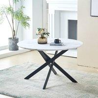 HomeTouch 120cm Modern White Marble Effect Round Dining Table with Black Metal Legs | Size: 1 Pack