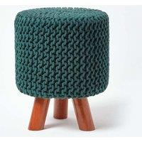 Homescapes Tall Cotton Knitted Footstool on Legs in Dark Green