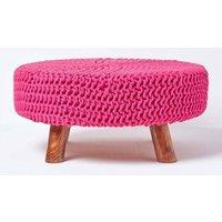 Homescapes Large Round Cotton Knitted Footstool on Legs in Pink