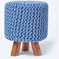 Homescapes Tall Cotton Knitted Footstool on Legs in Blue