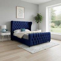 Casani Horning Straight Upholstered Blue Soft Velvet Designer Bed Frame | Size: Super King