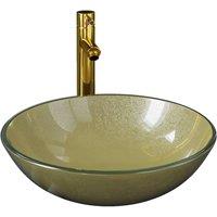 Berkfield Home Bathroom Sink with Tap & Push Drain Gold Tempered Glass