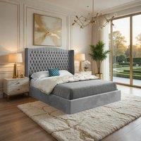 Casani Rowledge Winged Upholstered Grey Soft Velvet Designer Bed Frame | Size: Small Double