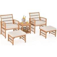 Gymax 5PCS Patio Wicker Sofa Set With 2-Tier Coffee Table & 2 Ottomans in Khaki | Size: 5 Pack