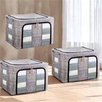 VOGREX 3X 66L Thick Fabric Folding Storage Box Steel Frame Wardrobe Organizer in Grey