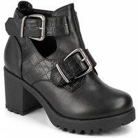 Spot On Women's Double Buckle Cut Out Chunky Heel Boots in Jet Black | Size: 2