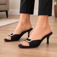 Truffle Collection Women's Slip On Heeled Sandals Microfibre Open Toe Kitten Heel Summer Shoes in Black | Size: 6