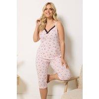 Yours Women's Bow & Heart Cami Cropped Pyjama Set in Light Pink | Size: 18-20