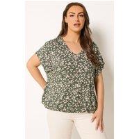 Yours Women's Floral Elasticated Hem T-Shirt in Dark Olive | Size: 20
