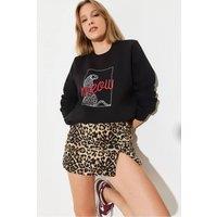 Bianco Lucci Women's Leopard Print Embroidered Crew Neck Sweatshirt in Black | Size: Small