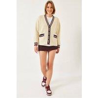 Bianco Lucci Women's Patterned V-Neck Ribbed Cardigan with Pockets in Beige