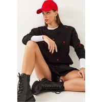 Bianco Lucci Women's Embroidered Crew Neck Relaxed Fit Sweatshirt in Black | Size: Small