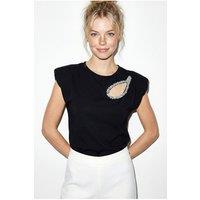 Bianco Lucci Women's Cut Out Crew Neck T-Shirt in Black | Size: Medium