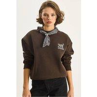 Bianco Lucci Women's Crew Neck Sweatshirt with Print Accessory in Dark Brown | Size: Large