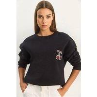 Bianco Lucci Women's Embroidered Crew Neck Sweatshirt in Black | Size: Small