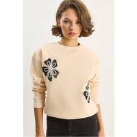 Bianco Lucci Women's Embroidered Crew Neck Cotton Sweatshirt in Beige | Size: Small