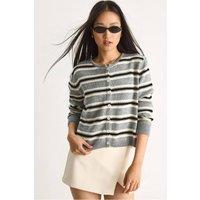 Bianco Lucci Women's Striped Crew Neck Cardigan in Grey