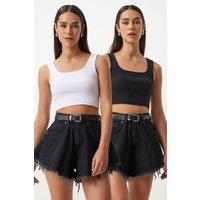 Happiness Istanbul Women's Slim Fit Ribbed Crop Blouse with Square Collar