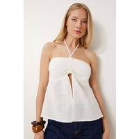 Happiness Istanbul Women's Cotton off-shoulder halter blouse in Ivory | Size: Small