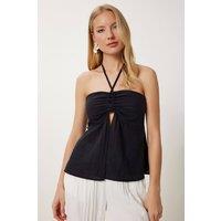 Happiness Istanbul Women's Cotton off-shoulder halter blouse in Black | Size: Medium