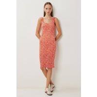 Happiness Istanbul Women's Floral Printed Sleeveless Midi Dress with U Collar in Tangerine | Size: Medium