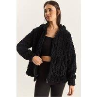 Bianco Lucci Women's Hooded Textured Knitted Cardigan with Zipper in Black | Size: Small
