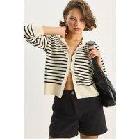 Bianco Lucci Women's Striped Hooded Zipper Cardigan in Medium Beige