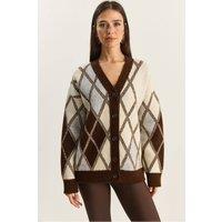 Bianco Lucci Women's Thick Jacquard Knit Cardigan with V-neck & Button Closure in Medium Beige