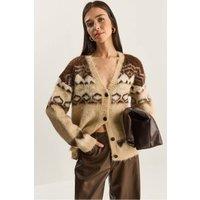 Bianco Lucci Women's Thick Ethnic Pattern V-neck Cardigan with Buttons in Beige