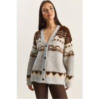 Bianco Lucci Women's Thick Ethnic Pattern V-neck Cardigan with Buttons in Grey