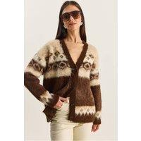 Bianco Lucci Women's Thick Ethnic Pattern V-neck Cardigan with Buttons in Light Brown