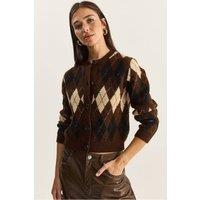 Bianco Lucci Women's Thick Jacquard Knit Cardigan with Button Closure in Chocolate