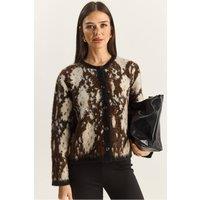 Bianco Lucci Women's Jacquard Patterned Long Sleeve Button Cardigan in Dark Brown