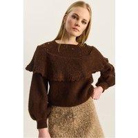 Bianco Lucci Women's Ribbed Boat Neck Thick Sweater with Frilly Detail in Dark Brown