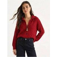 Bianco Lucci Women's Textured Polo Collar Button Cardigan in Red