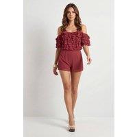 MissPap Women's Spot Detail Chiffon Ruffle Playsuit in Burgundy | Size: 14