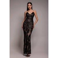 Goddiva Women's Cross Back Diamante Strap Sequin Maxi in Black | Size: 6