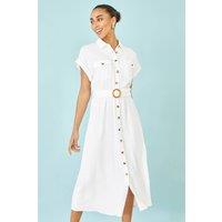 Yumi Women's Viscose Linen Look Midi Shirt Dress With Wooden Belt in White | Size: 20