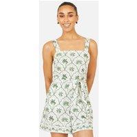 Yumi Women's White Palm Print Cotton Playsuit in Off-White | Size: 14