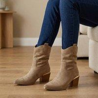 Truffle Collection Women's Calf Boots Pointed Toe Slip On Microfibre Block Heel Shoes in Taupe | Size: 7